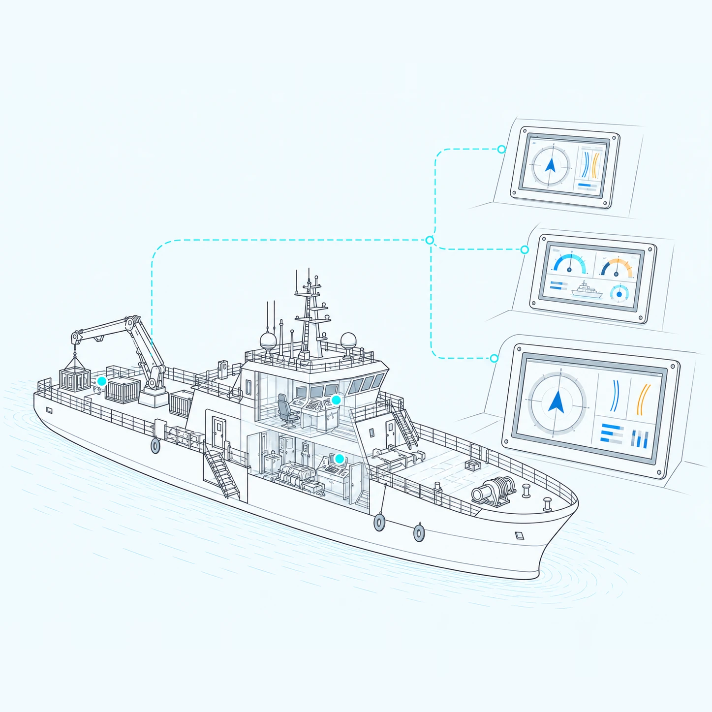 Line illustration of a vessel with NetBlink repeater displays at several stations