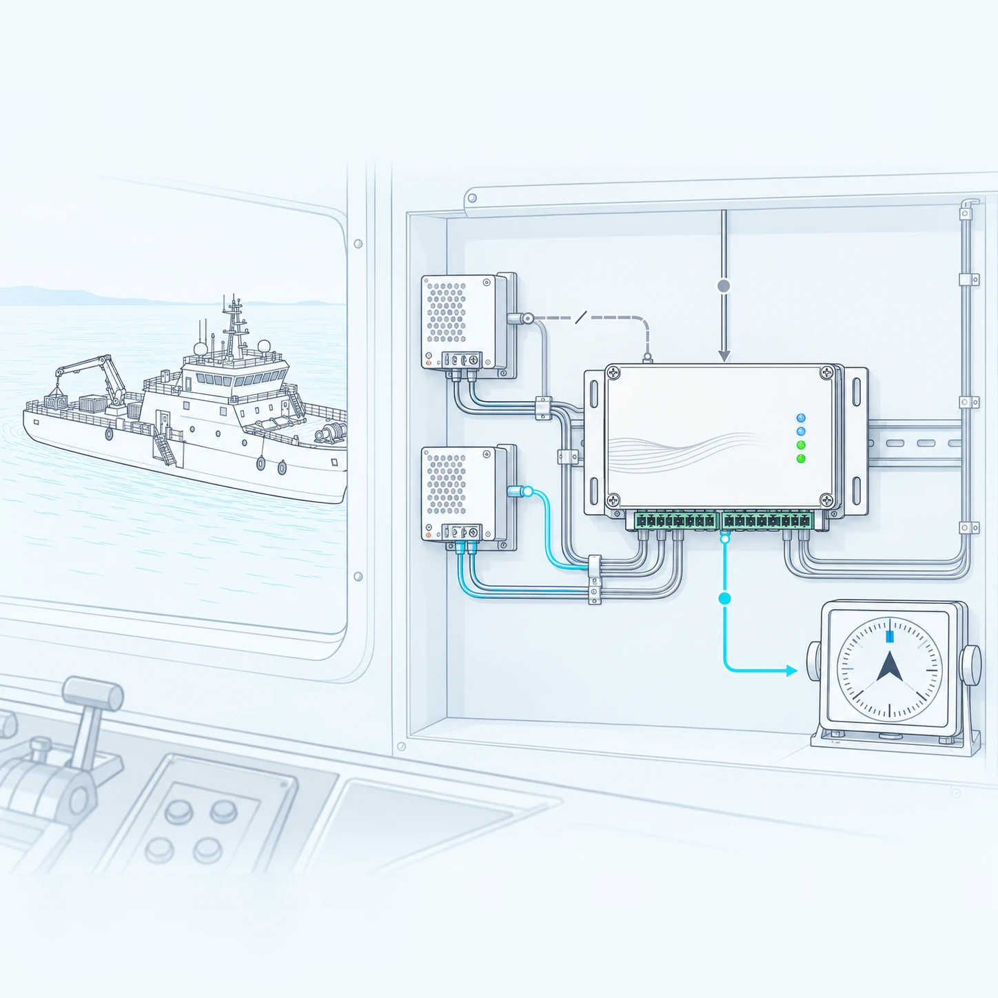 Line illustration of main and emergency supplies feeding a dual buffer