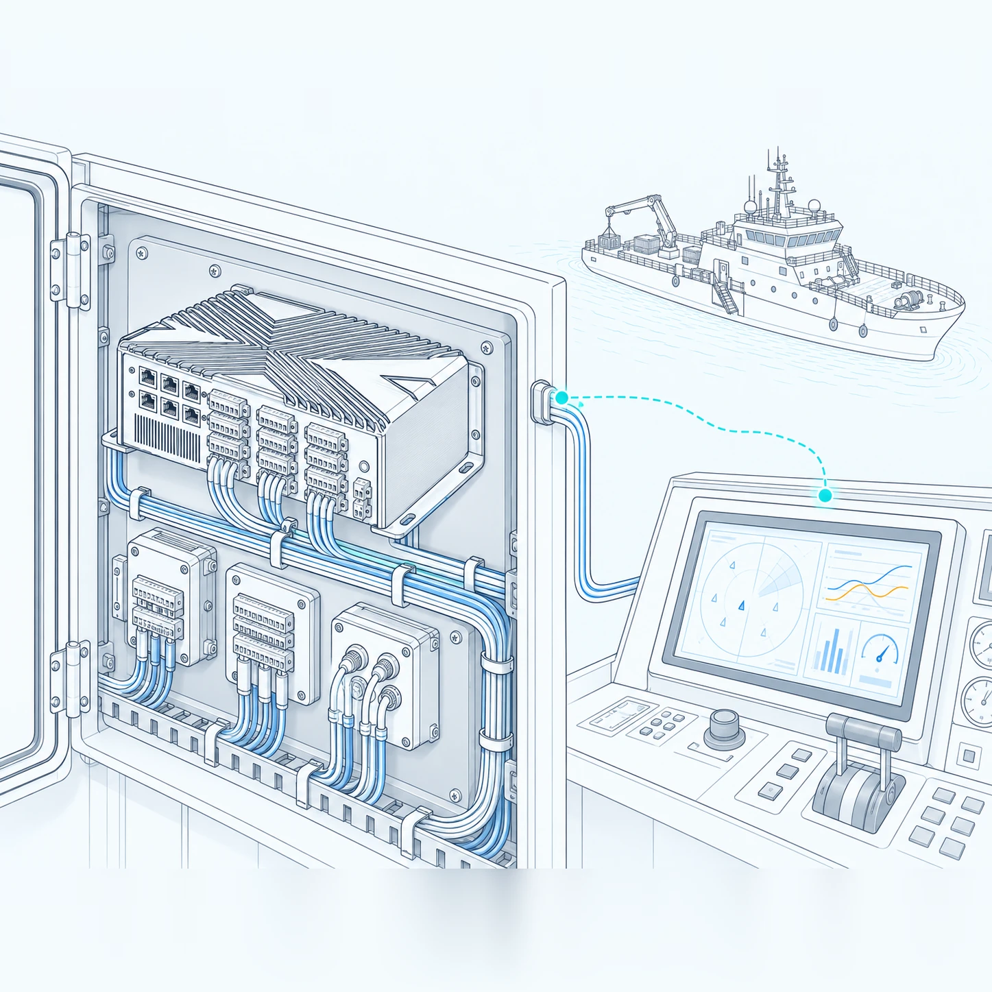 Line illustration of a NavyDau unit installed in a ship's equipment cabinet