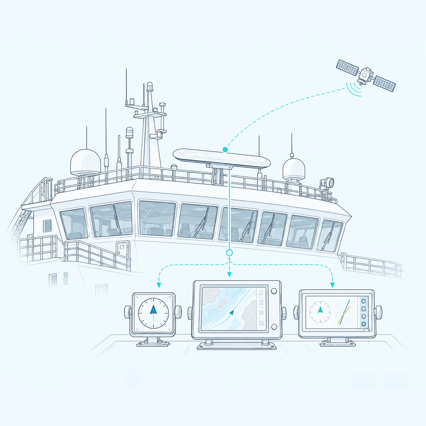 Line illustration of heading and speed data reaching bridge displays