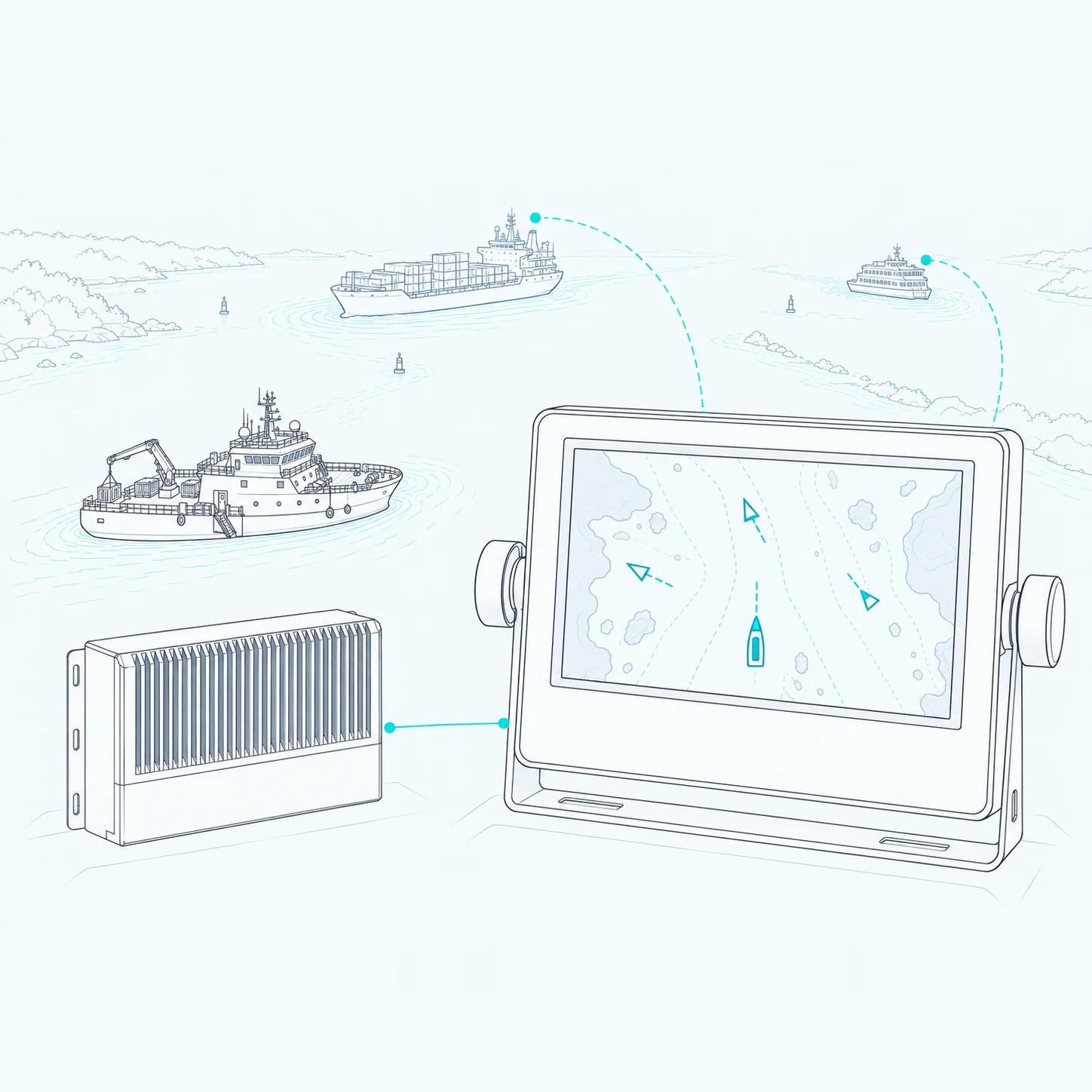 Line illustration of AIS targets shown around own vessel on the pilot's display