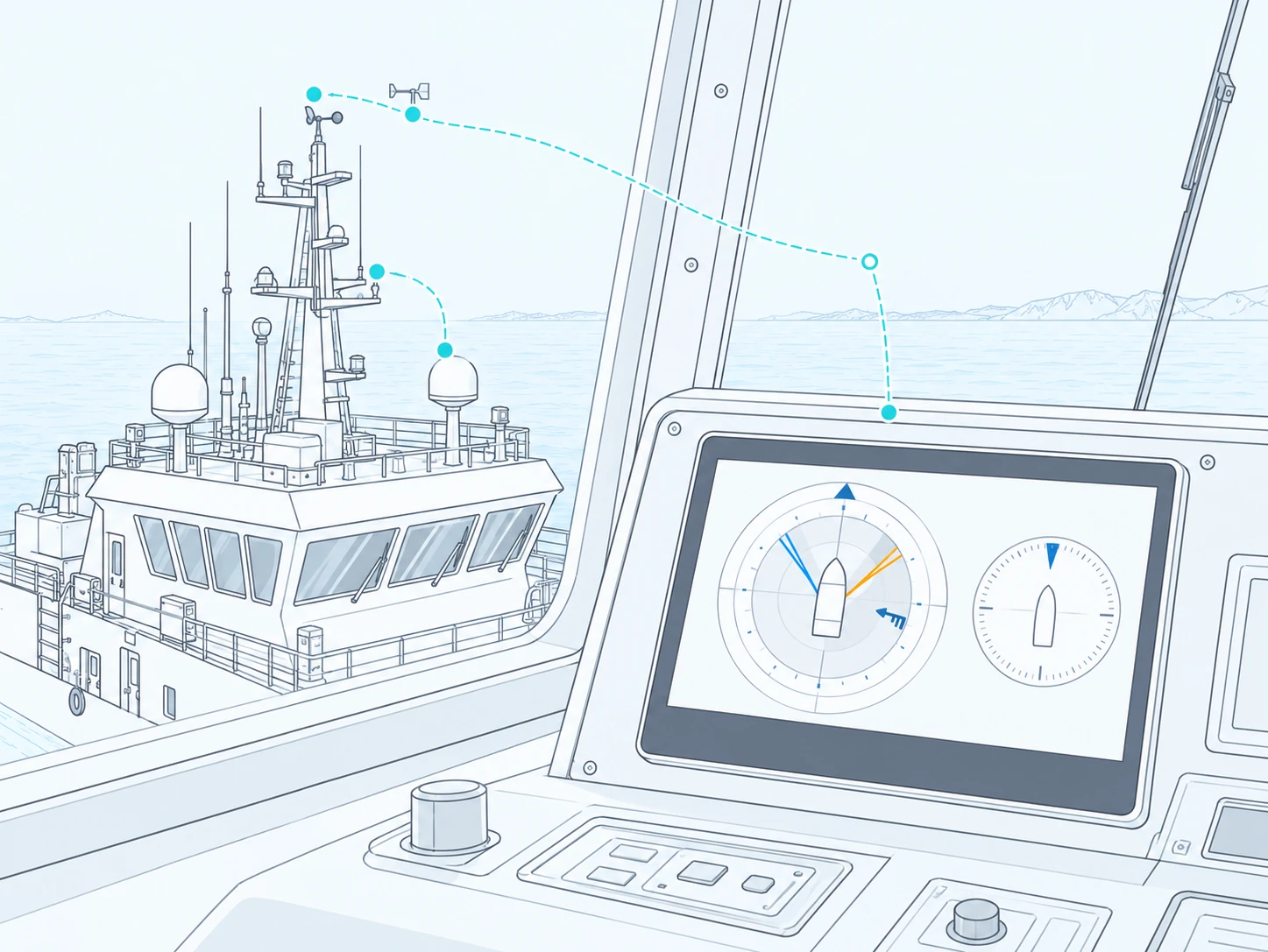 Line illustration of wind and heading data from masthead sensors reaching a NetBlink display on the bridge