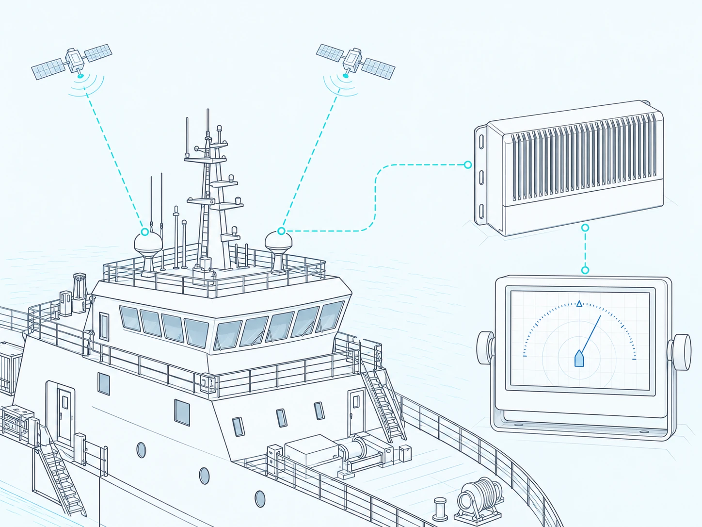 Line illustration of the GuardianPPU unit with its own GNSS receiver and a repeater display