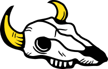 White bull skull with yellow horns on a black background.