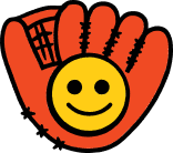 Red baseball glove holding a yellow smiley face ball with two black eyes and a smile.