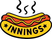 A cartoon hot dog with mustard above the word INNINGS in bold letters.