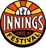Round logo with a baseball and cactus, text: INNINGS, TEMPE, AZ, FESTIVAL in warm colors.