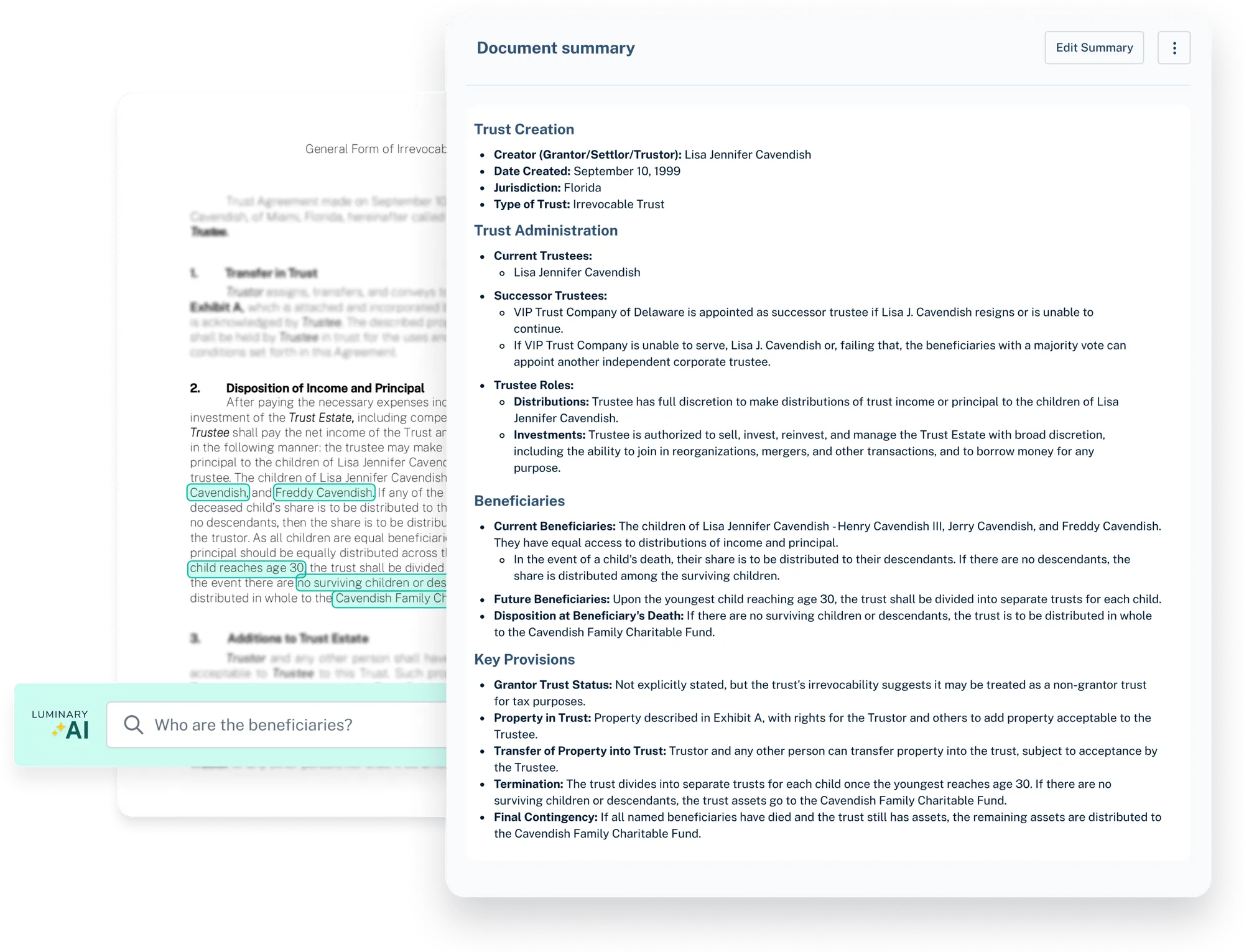 Artificial intelligence summary of a trust document, overlayed with a AI-powered semantic search for "Who are the beneficiaries?"