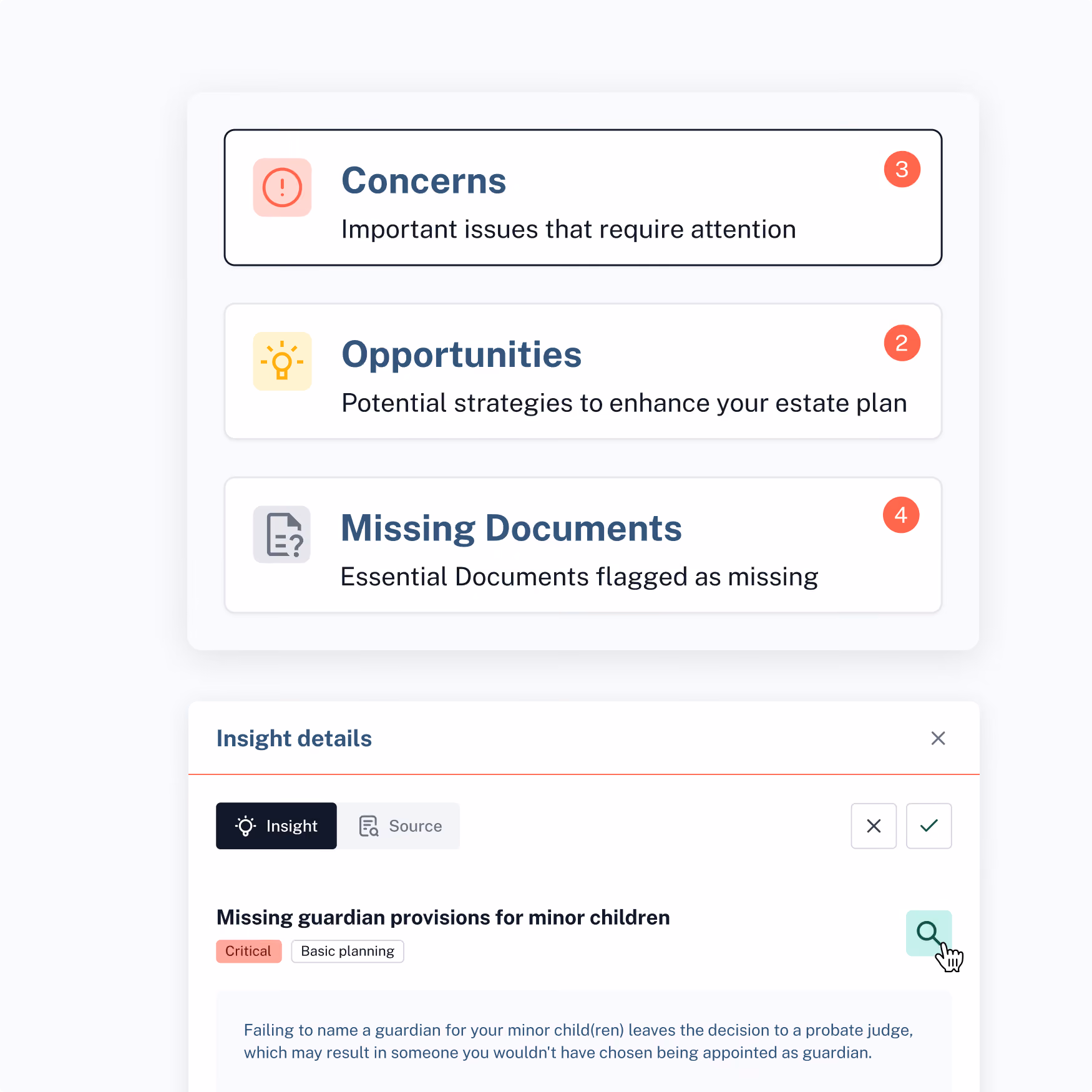 User interface showing three categories: Concerns with 3 alerts, Opportunities with 2 alerts, and Missing Documents with 4 alerts, each with icons and descriptions. Below is an Insight details panel highlighting a critical insight about missing guardian provisions for minor children, explaining the risk of probate judge decisions without named guardians.