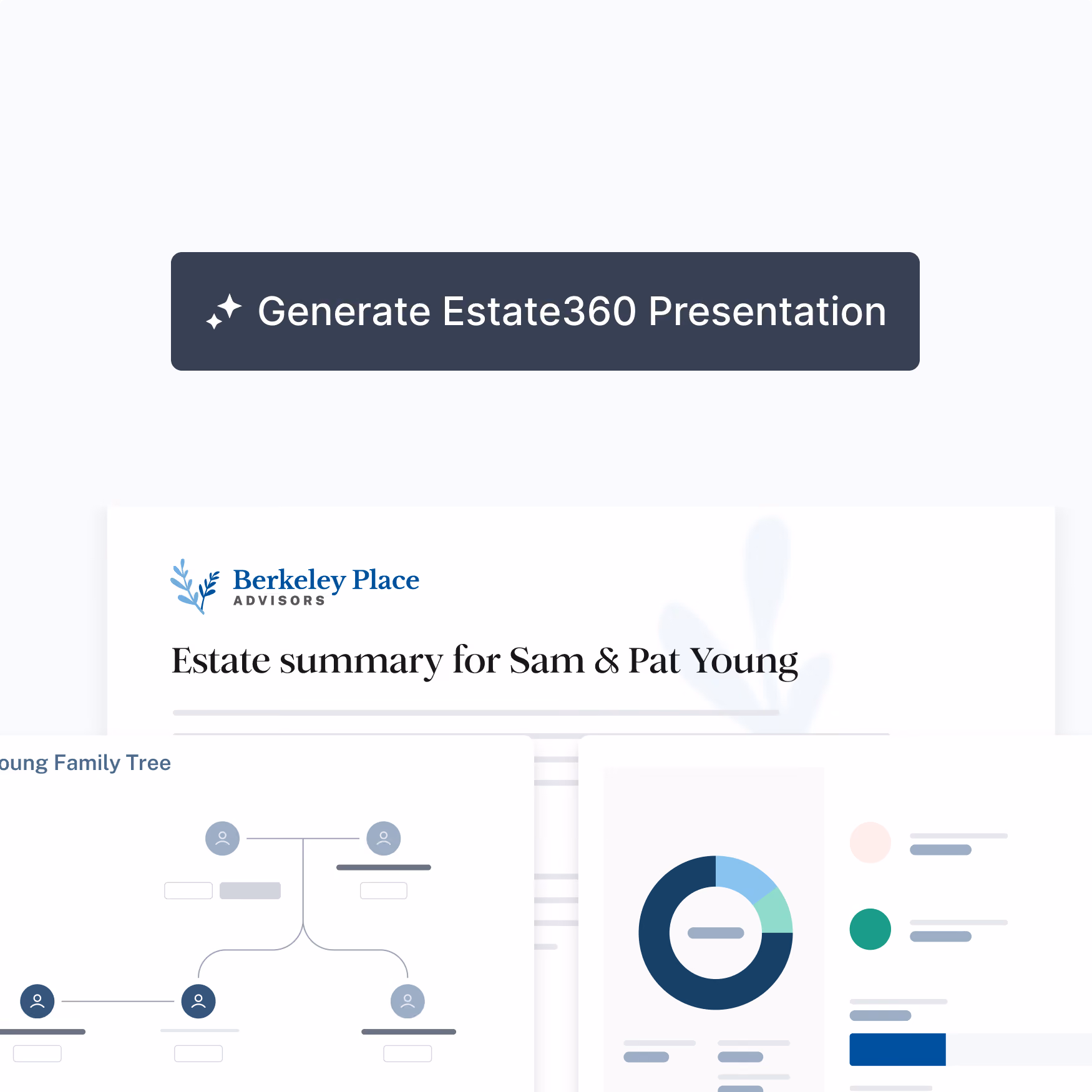 Button labeled 'Generate Estate360 Presentation' above a digital estate summary report for Sam and Pat Young by Berkeley Place Advisors, showing a family tree graphic on the left and a pie chart on the right.