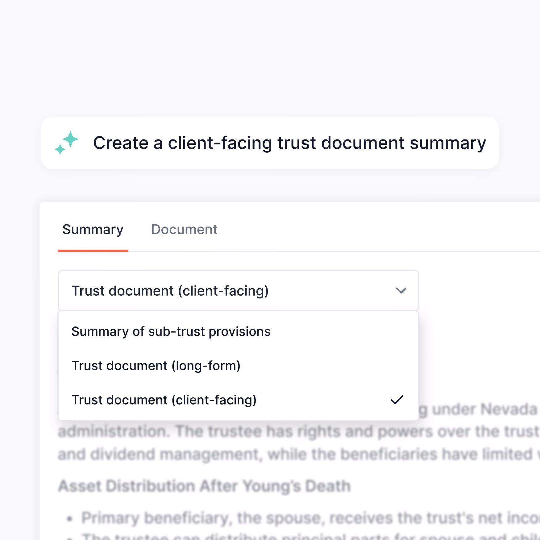 User interface showing a dropdown menu with options to create a client-facing trust document summary, summary of sub-trust provisions, and a long-form trust document, with the client-facing option selected.