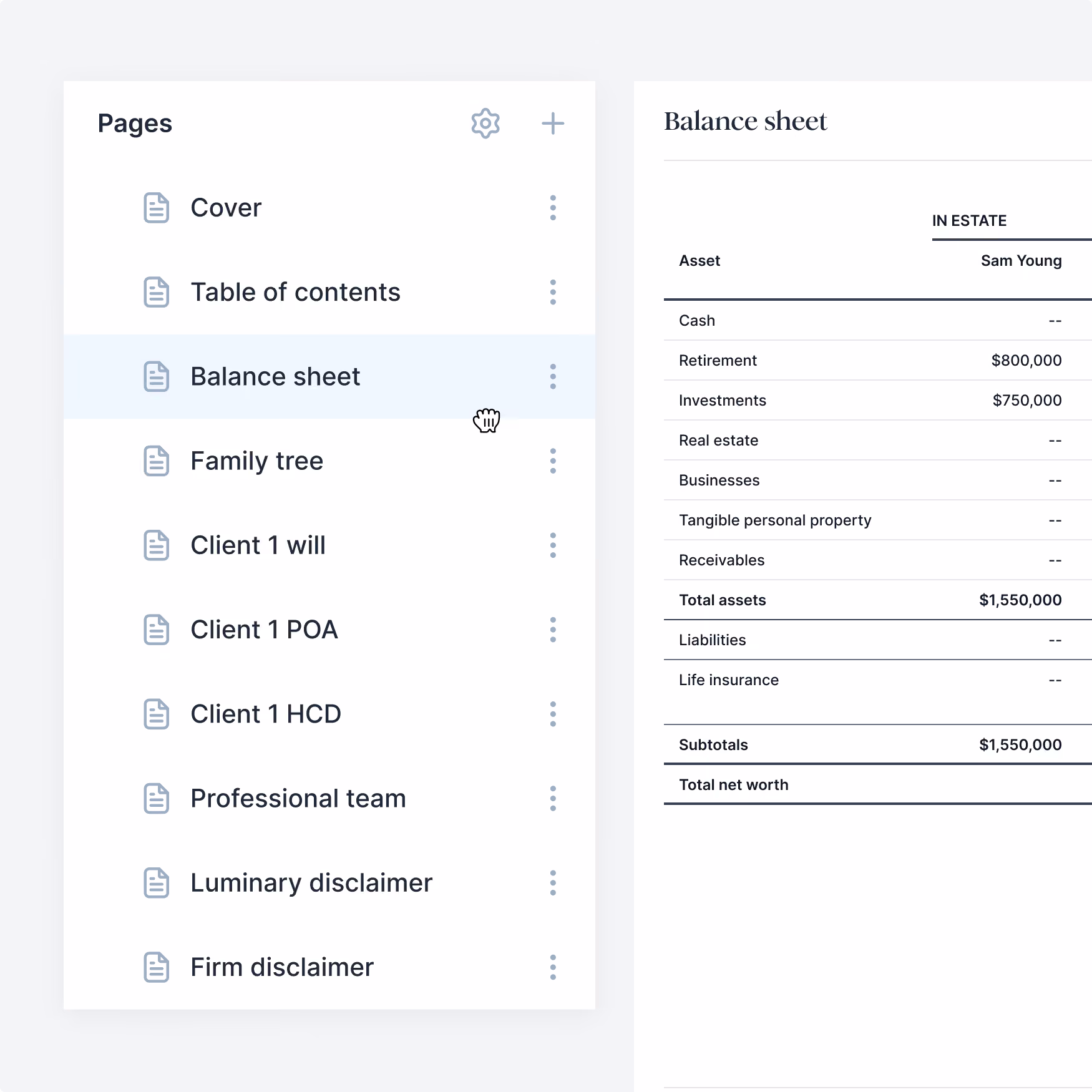 Digital interface displaying a sidebar menu with document pages including cover, table of contents, balance sheet, family tree, client wills and disclaimers. The balance sheet page is open, showing assets and liabilities for Sam Young with investments of $750,000, retirement of $800,000, total assets of $1,550,000, and liabilities and life insurance marked as none.