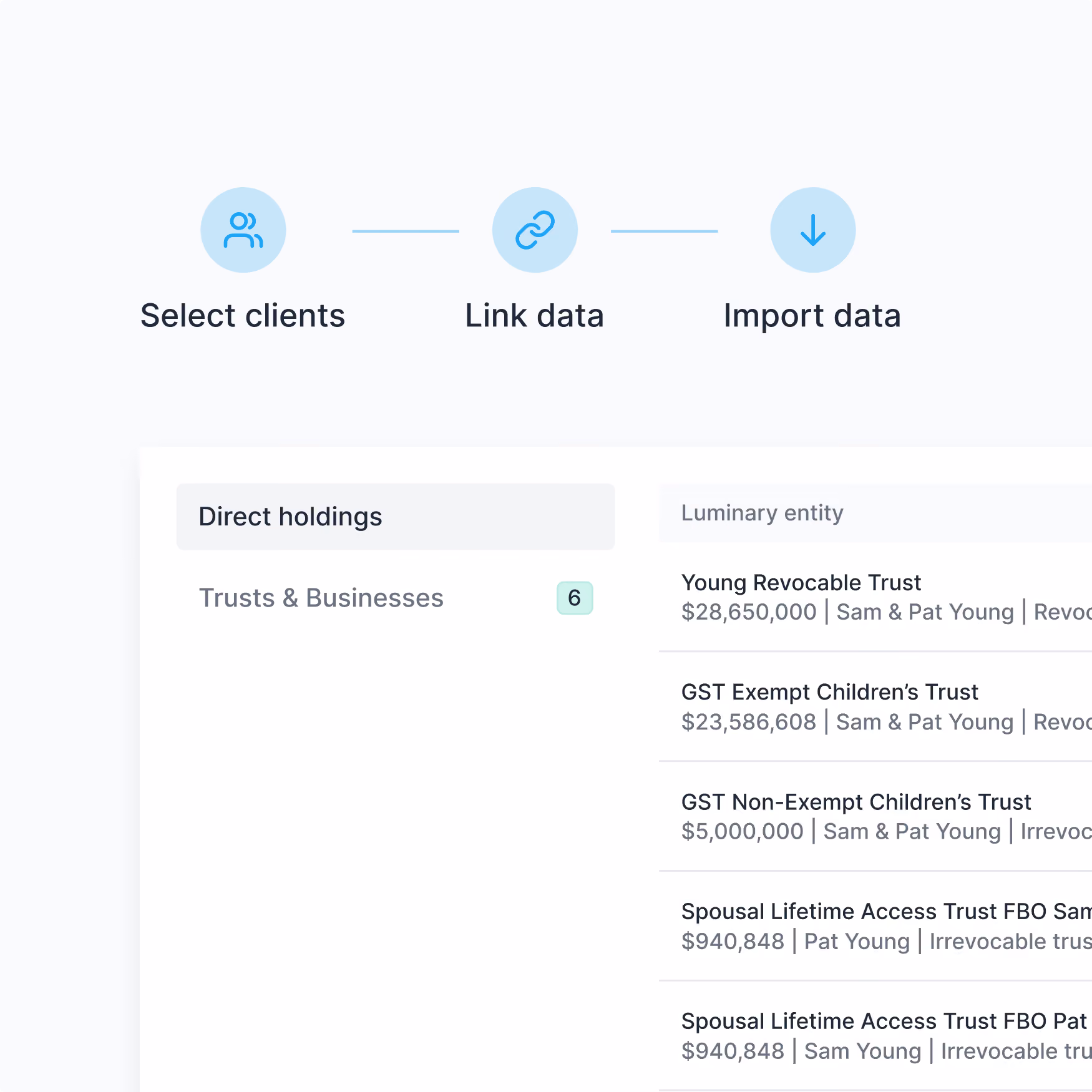 User interface screen showing a multi-step process with icons labeled Select clients, Link data, and Import data. Below is a table displaying direct holdings under Trusts & Businesses category with six entries, listing luminary entities including Young Revocable Trust, GST Exempt Children’s Trust, GST Non-Exempt Children’s Trust, Spousal Lifetime Access Trust for Sam Young and for Pat Young, with corresponding monetary values and trust statuses.