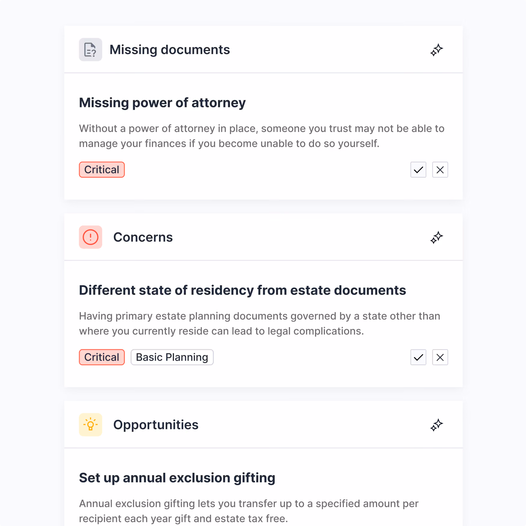 A digital interface displays three sections titled Missing documents, Concerns, and Opportunities. The Missing documents section highlights a critical issue of missing power of attorney, explaining that without it, someone trusted may not manage finances if the user can't. The Concerns section notes a critical and basic planning issue about residing in a different state from estate documents, potentially causing legal complications. The Opportunities section suggests setting up annual exclusion gifting to transfer a specified amount per recipient yearly as gift and estate tax relief.