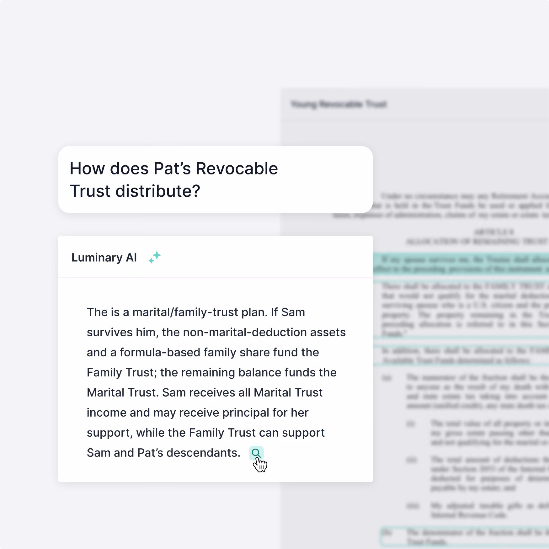 Screen showing a question about Pat’s Revocable Trust distribution and a response from Luminary AI explaining it is a marital/family-trust plan where Sam receives all Marital Trust income and may get principal for support, while the Family Trust supports Sam and Pat’s descendants.