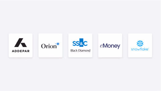 Logos of five finance and technology companies: Addepar, Orion, SS&C Black Diamond, eMoney, and Snowflake, displayed in a row on a light gray background.