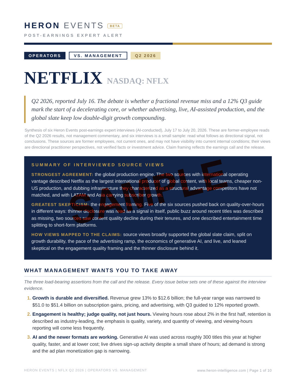 Heron Events sample report — Netflix Q2 2026, page 1 of 10
