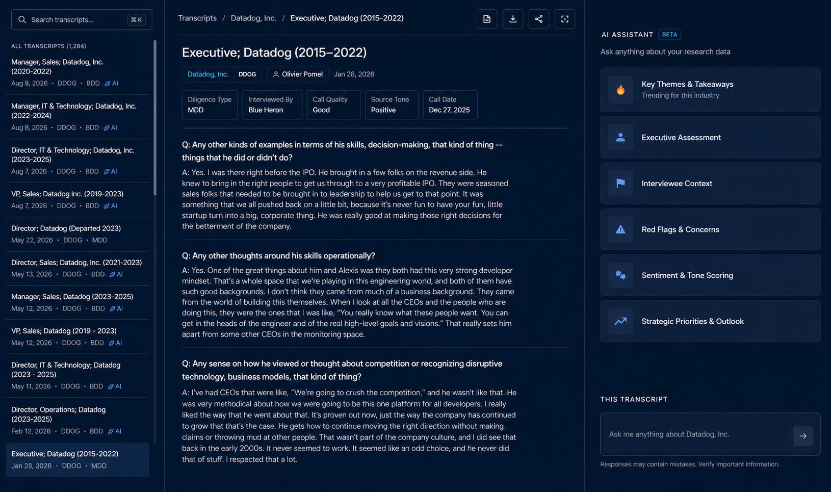 Transcript Library — researcher-led interview transcript view in the Heron Analytics Platform