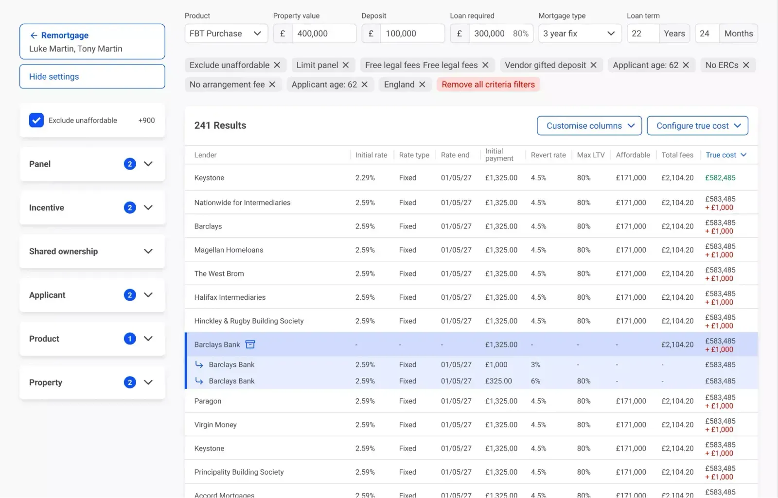 A screenshot of Acre's mortgage sourcing engine