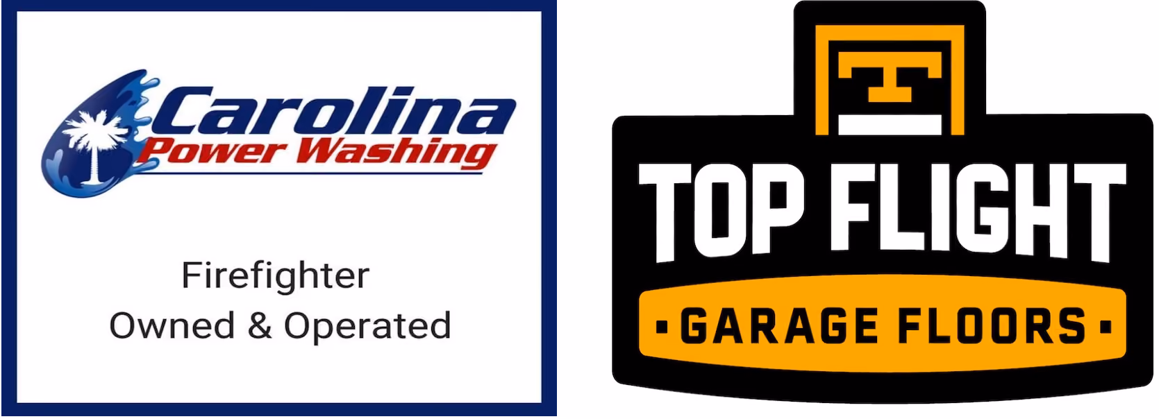 Logos of Carolina Power Washing and Top Flight Garage Floors, representing their firefighter-owned business and expert services in power washing and epoxy garage floors.