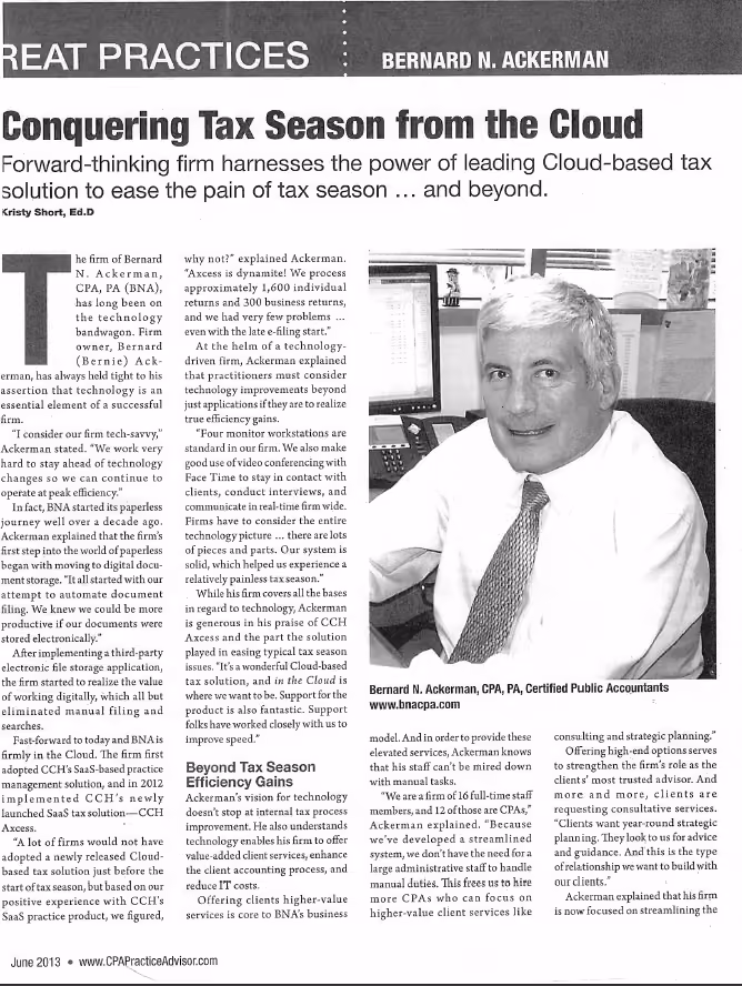 2013 CPA Practice Advisor article featuring Bernard Ackerman and BNA's early adoption of cloud technology