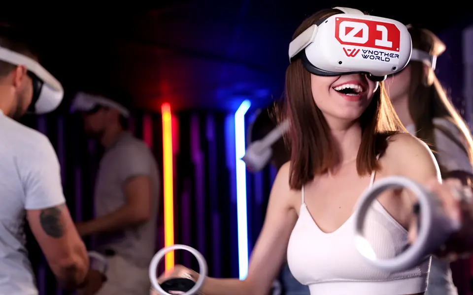 Players mid-game in the Another World VR arena