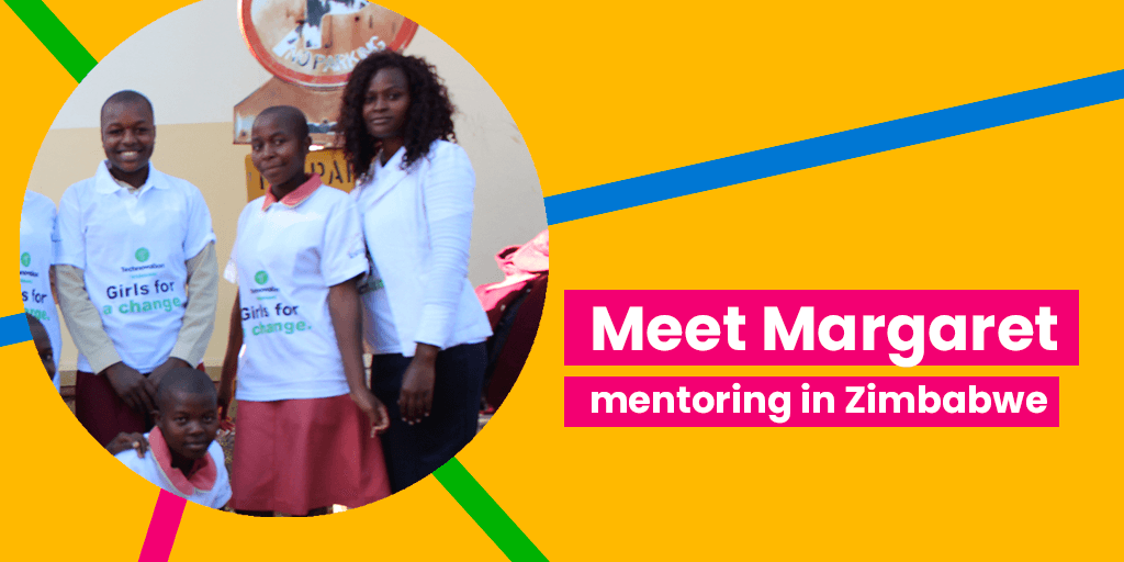 Technovation Mentor Feature A circular photo of a Zimbawen woman and her students