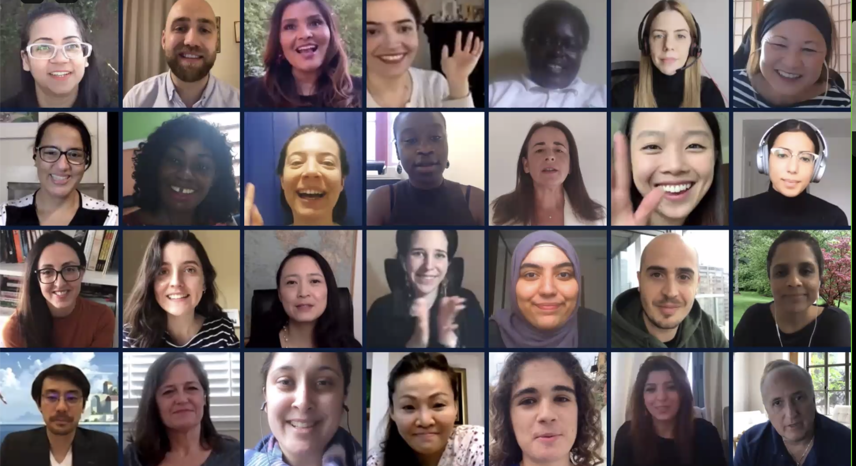 Small tiled photos of Technovation volunteers smiling and waving on a zoom call