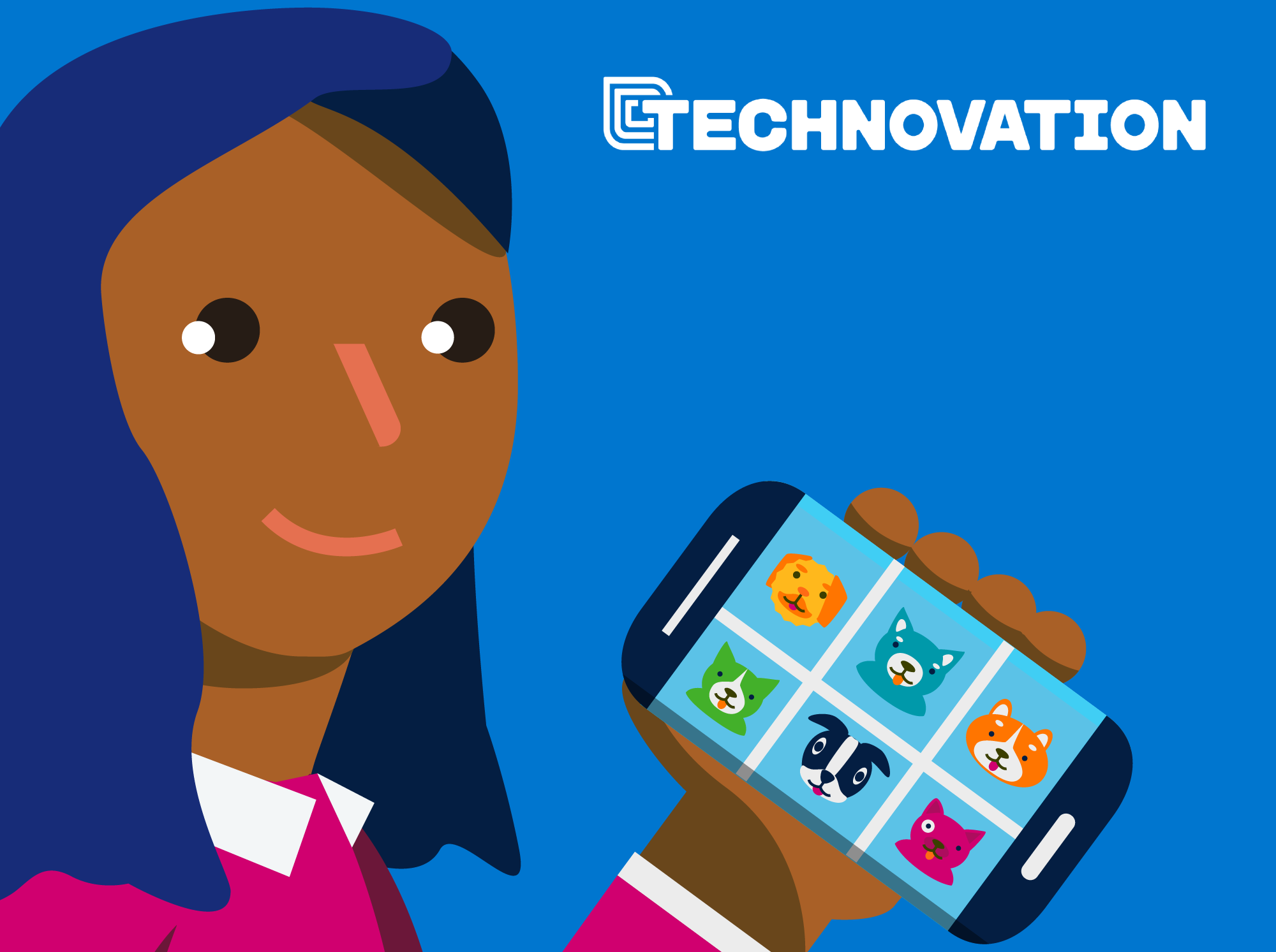An illustration of a girl holding a smart phone and showing off a gallery she built to showcase dog pictures