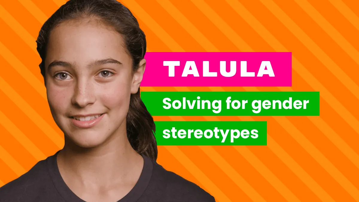 A young White woman smiling, on a bright orange background with the words "Talula, solving for gender stereotypes"