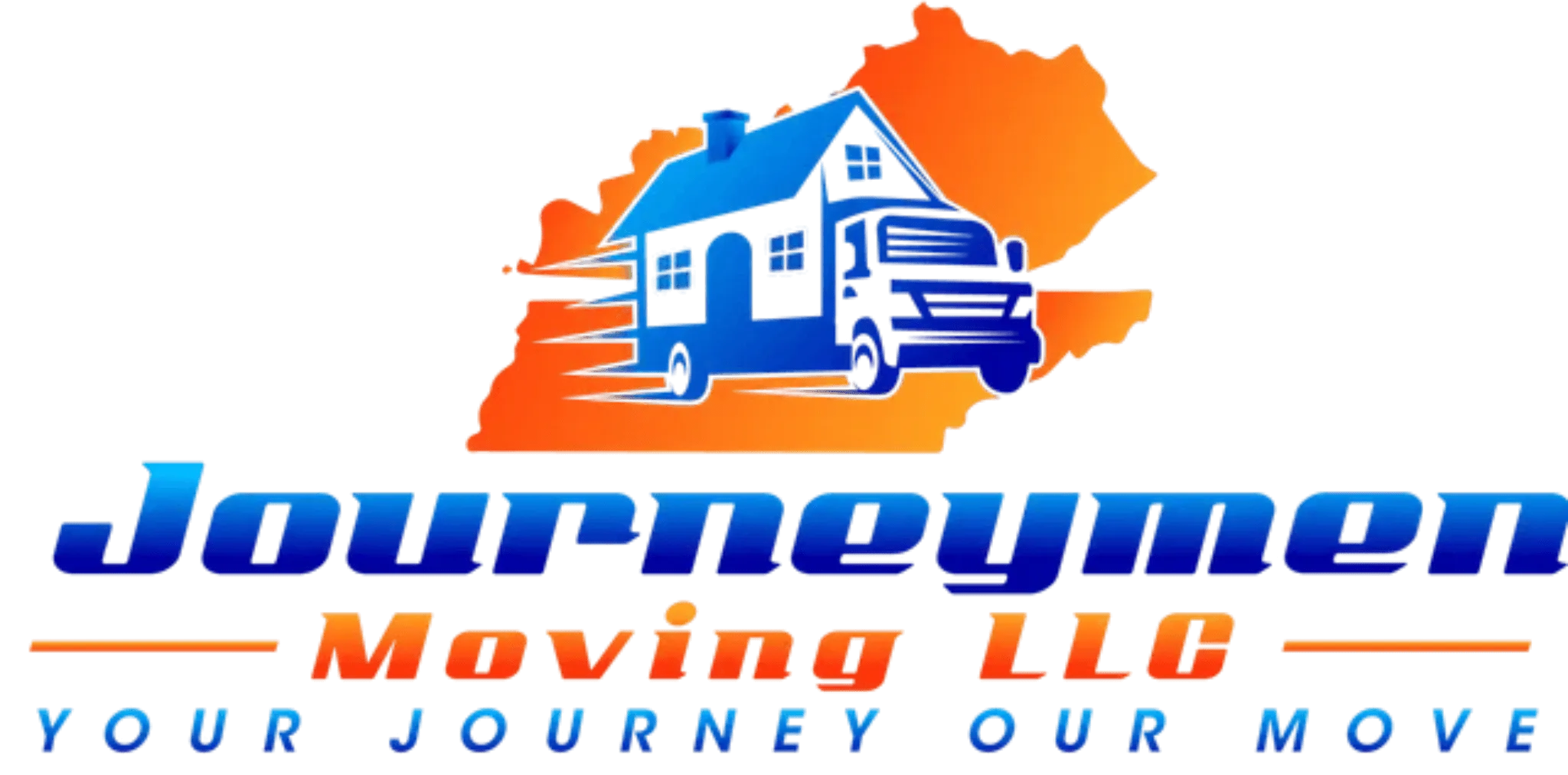 Journeymen Moving LLC logo with a moving truck shaped like a house over an orange map outline.