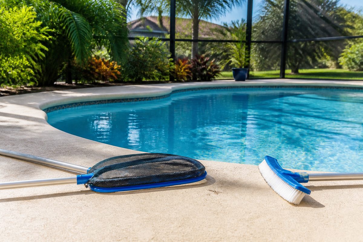 Skimmer and brush on a Florida pool deck