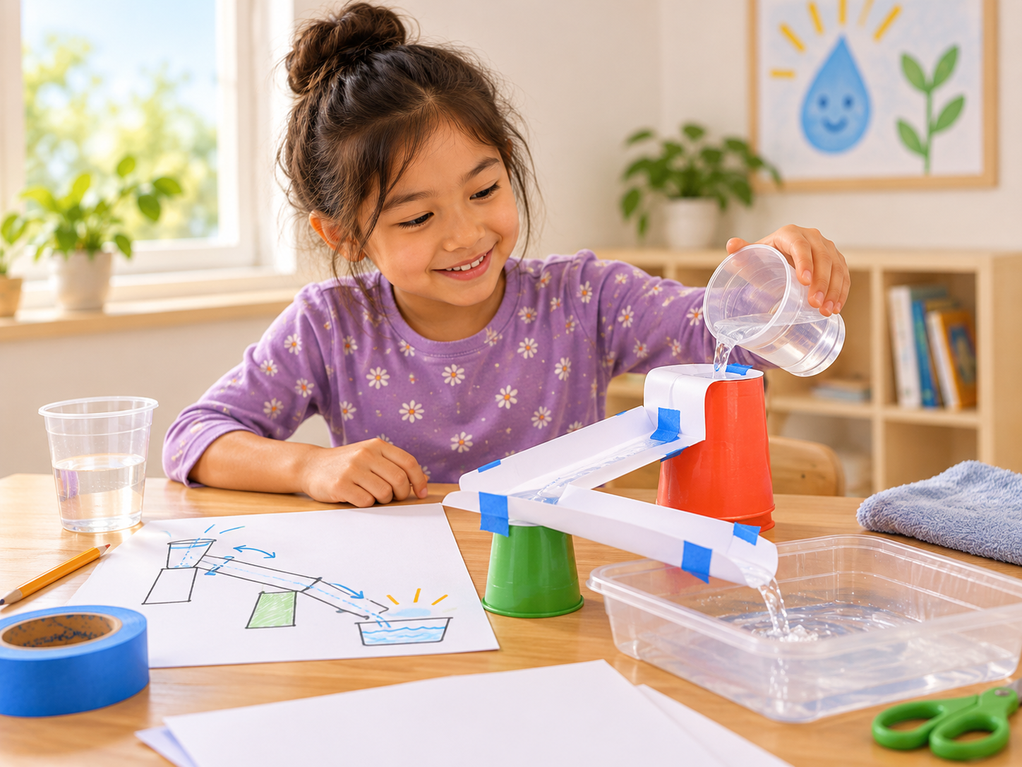 Child testing a homemade sloped water channel made from cups and paper, for Follow the Water