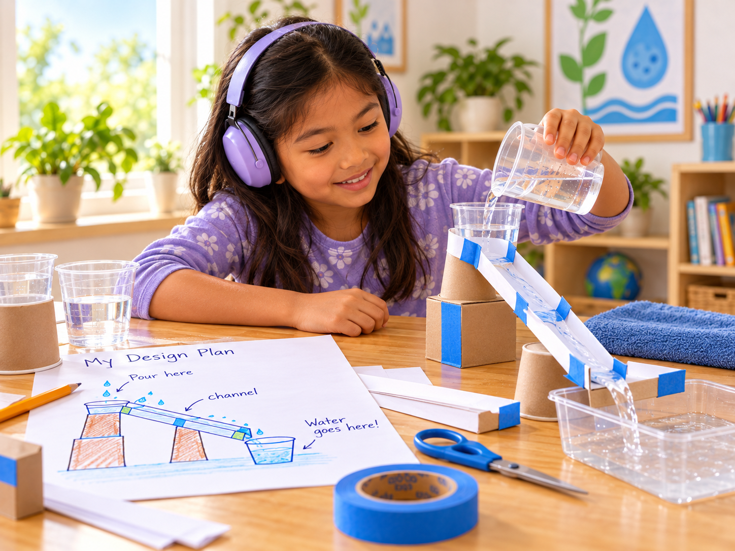 Child wearing headphones testing a handmade water delivery channel, for Get the Water There