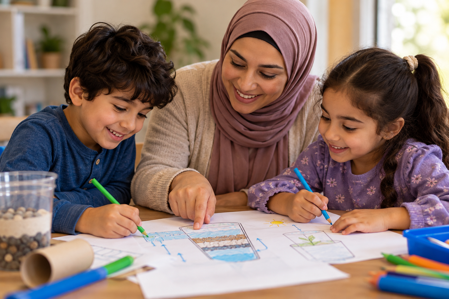 Caregiver wearing a hijab and two children sketching a water engineering design together, for Slow the Storm