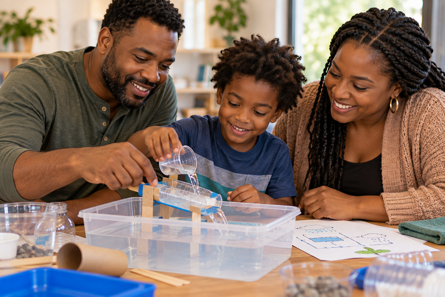 Two Black parents and their child working together on a homemade water-channel design, for Water for Everyone