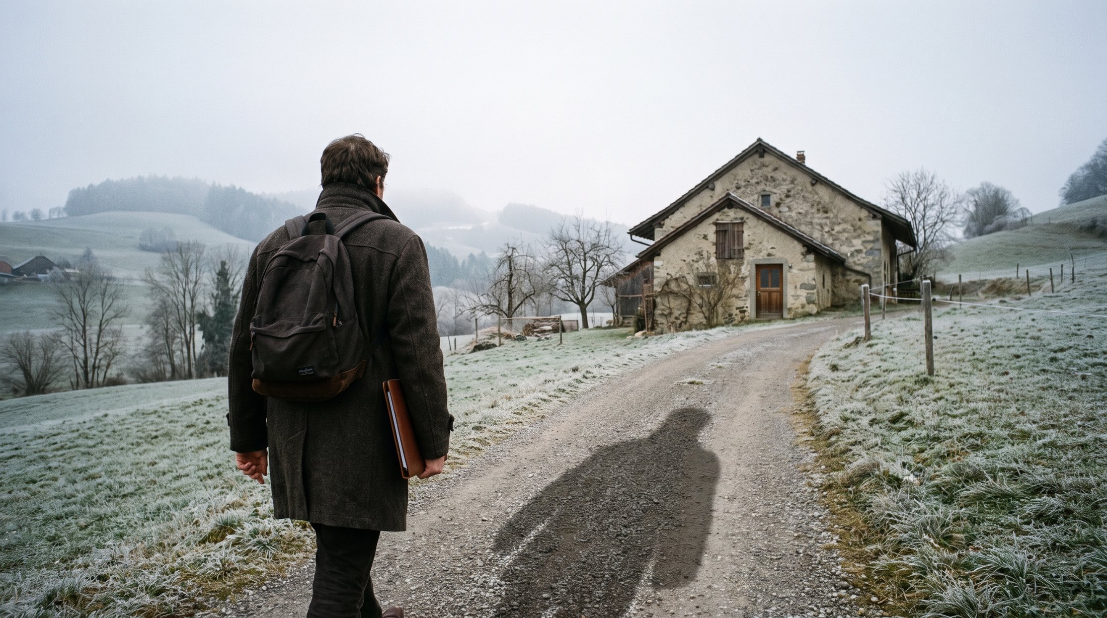 Un commercial terrain remonte une allée de gravier vers une maison de campagne suisse, tôt le matin, longues ombres sur le givre