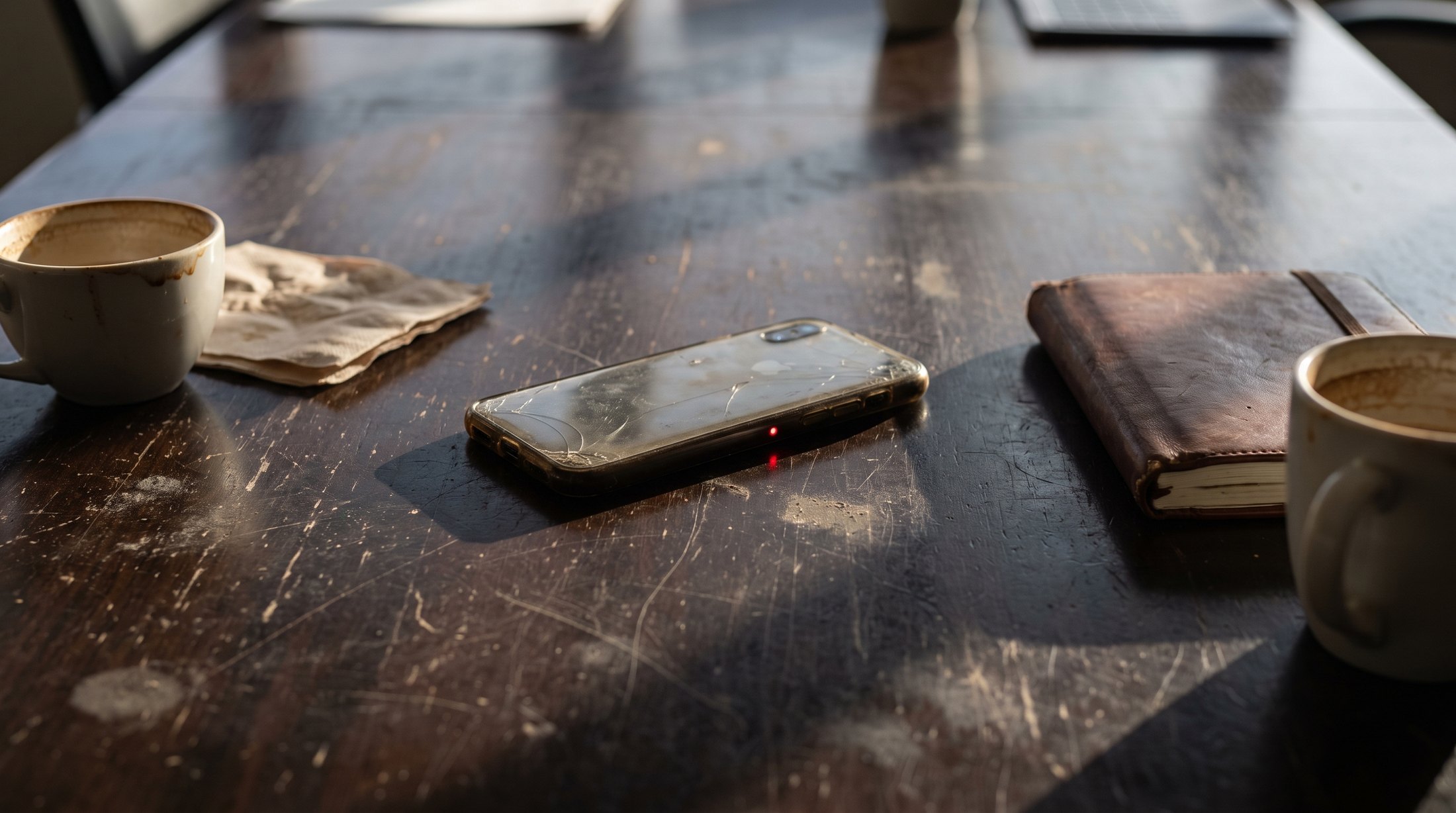 Un téléphone posé face contre table entre deux tasses de café, un voyant rouge signalant un enregistrement en cours