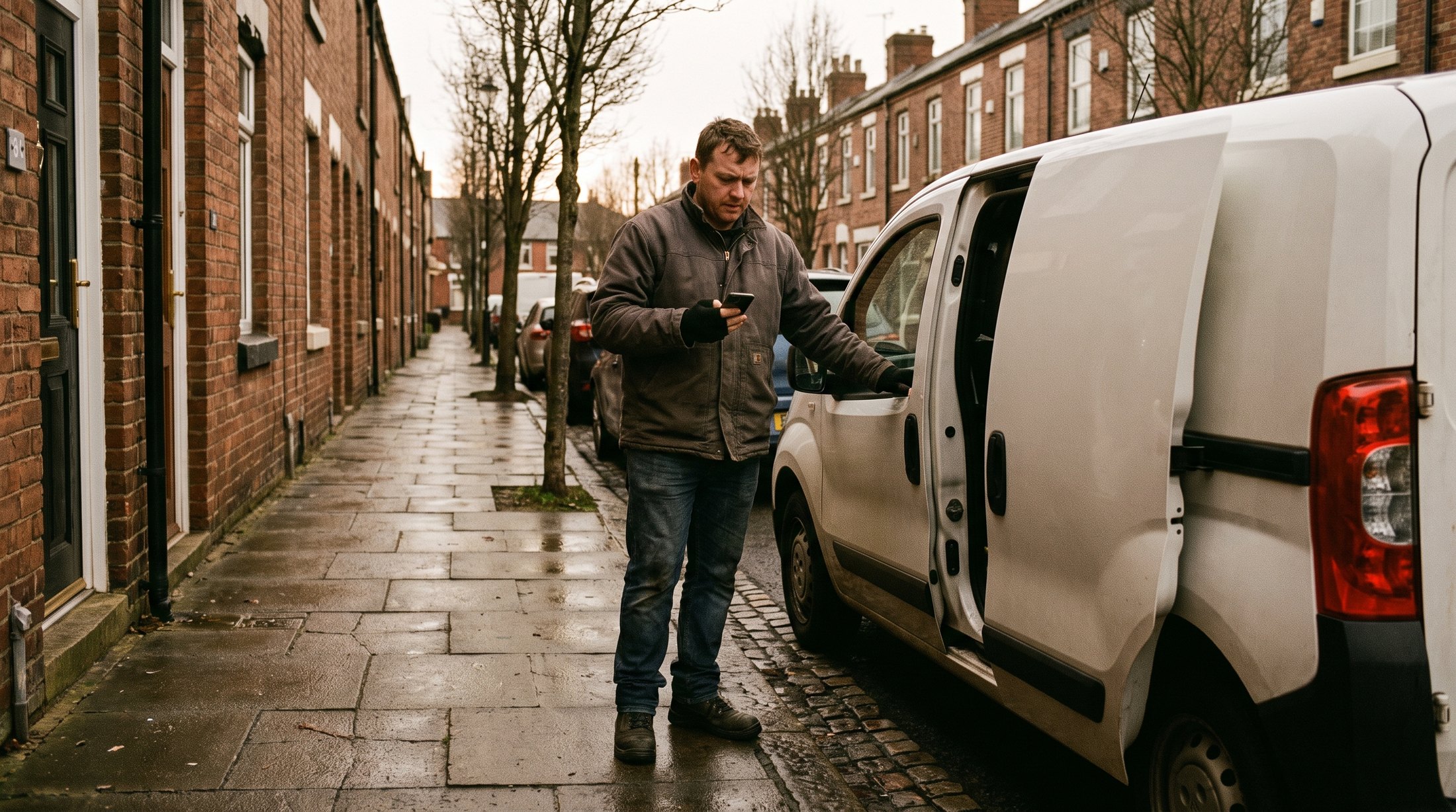 A field sales representative beside an open van on a European residential street, checking a phone before walking to a front door