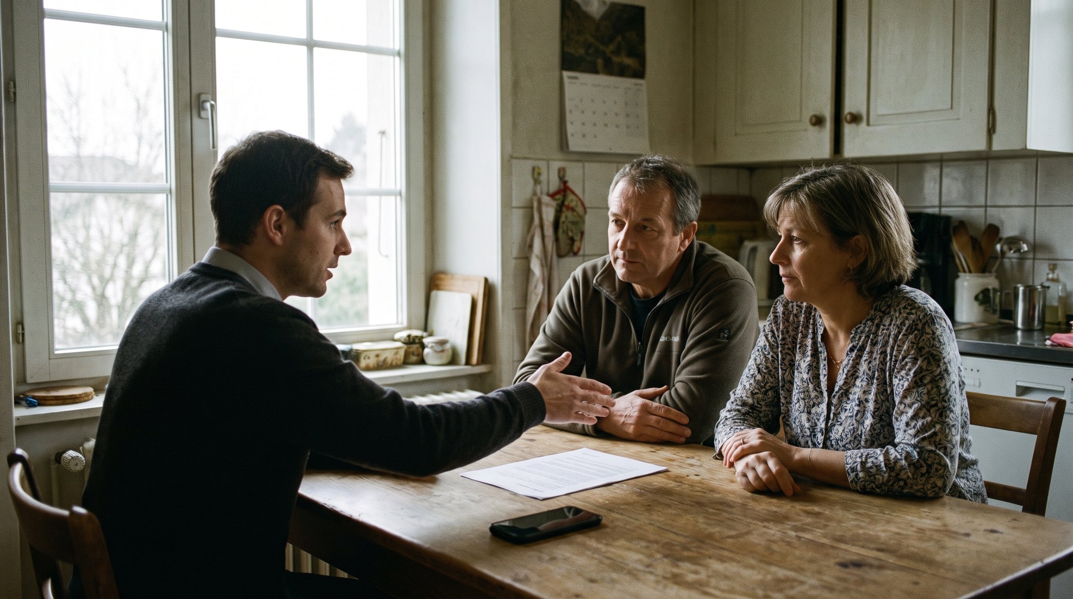 Un conseiller commercial demande l'accord d'un couple avant d'enregistrer, autour d'une table de cuisine, lumière naturelle d'une fenêtre