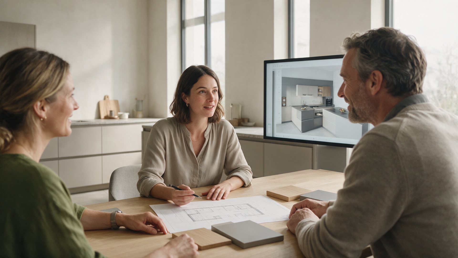 A kitchen designer presenting a plan to a couple in a showroom
