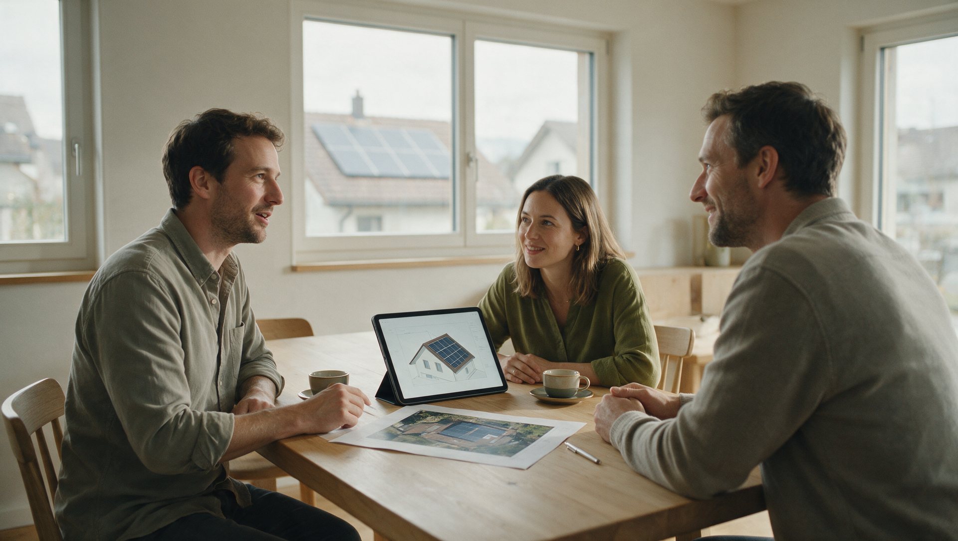 A solar advisor showing a roof layout to a couple at their kitchen table