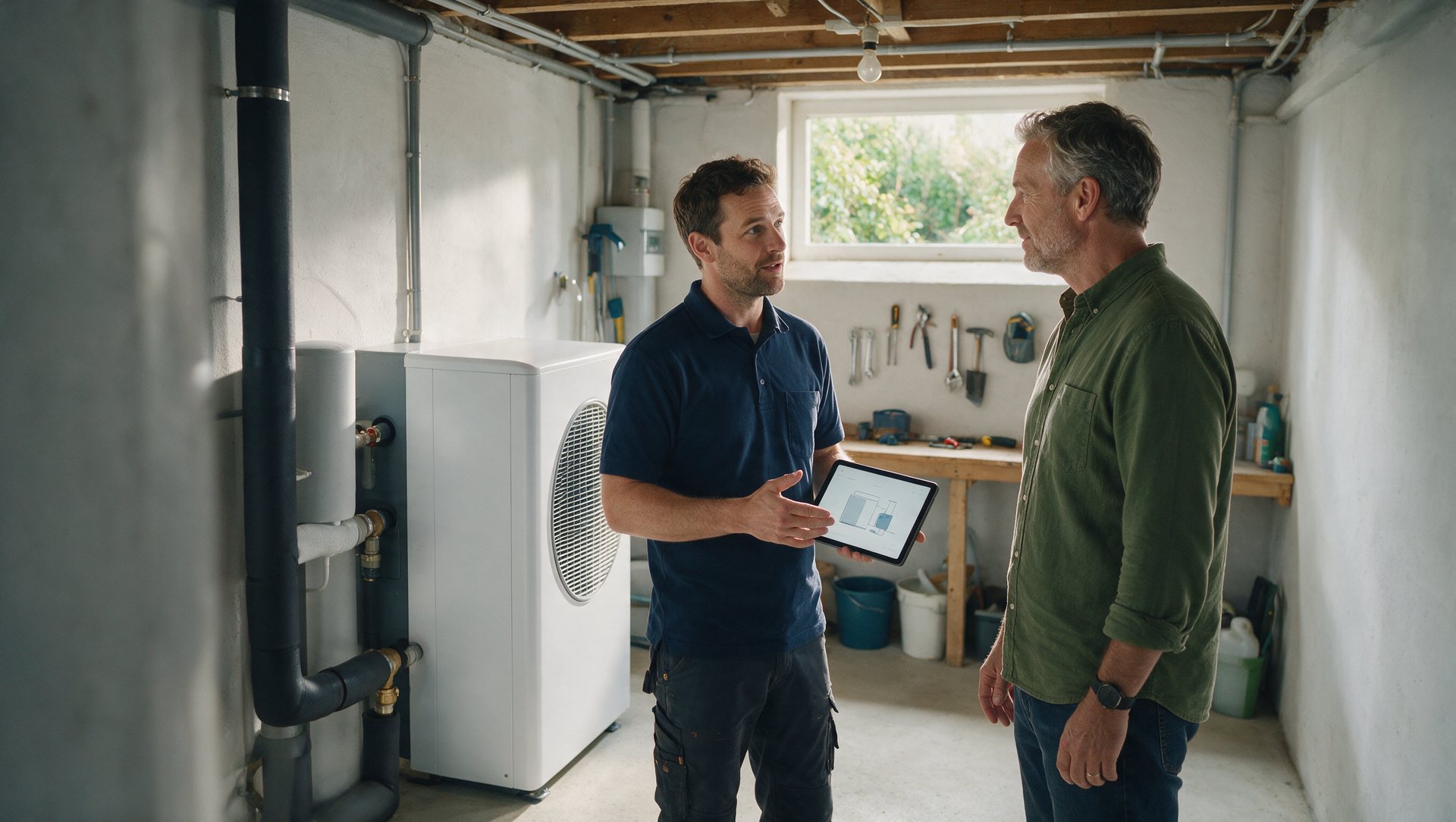 A heating engineer explaining a heat pump to a homeowner in a utility room
