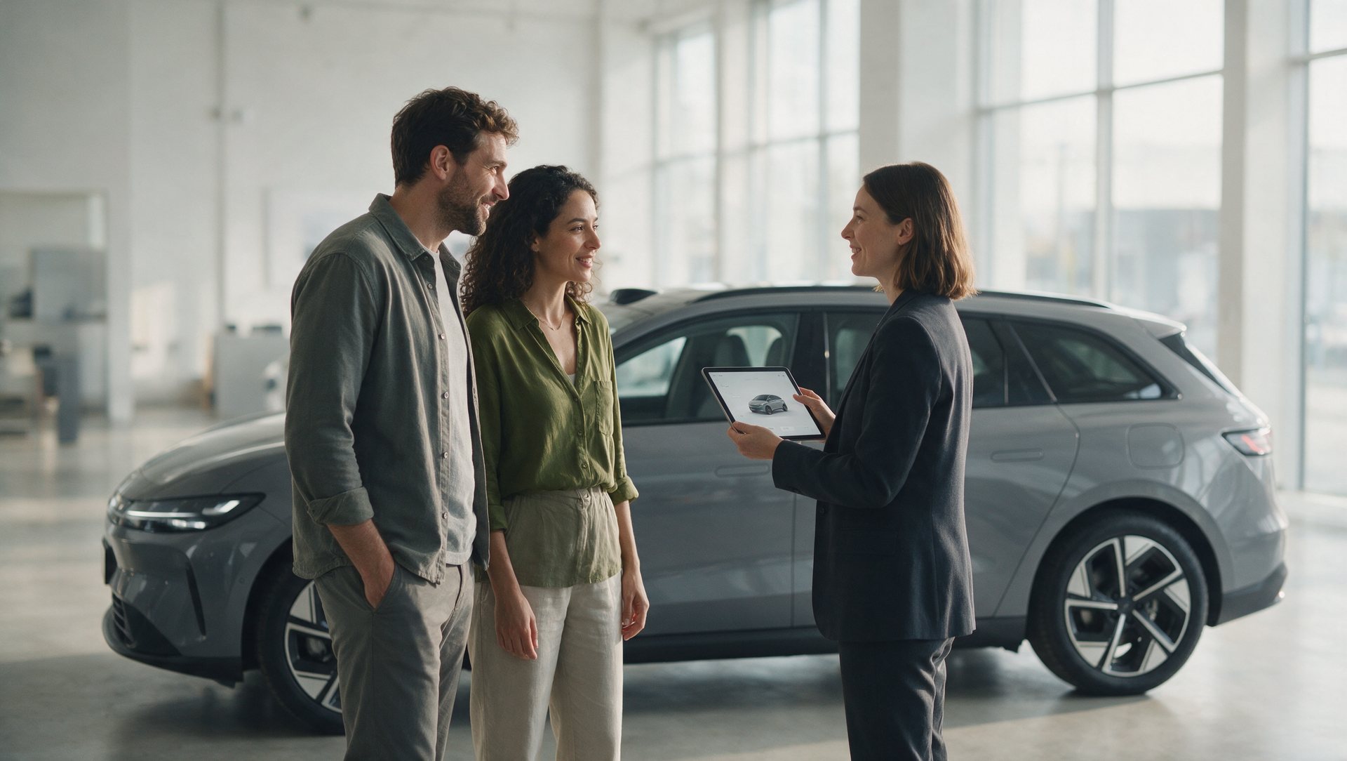 A salesperson talking with a couple beside a car in a showroom