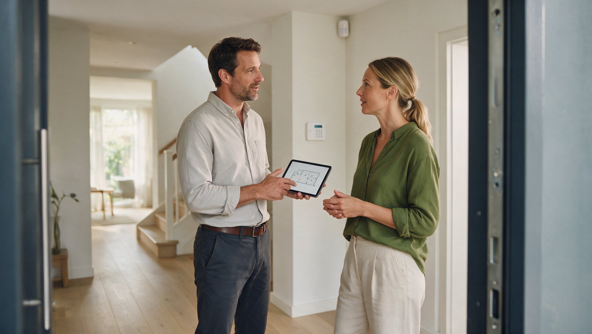 A security advisor showing a house plan to a homeowner in a hallway
