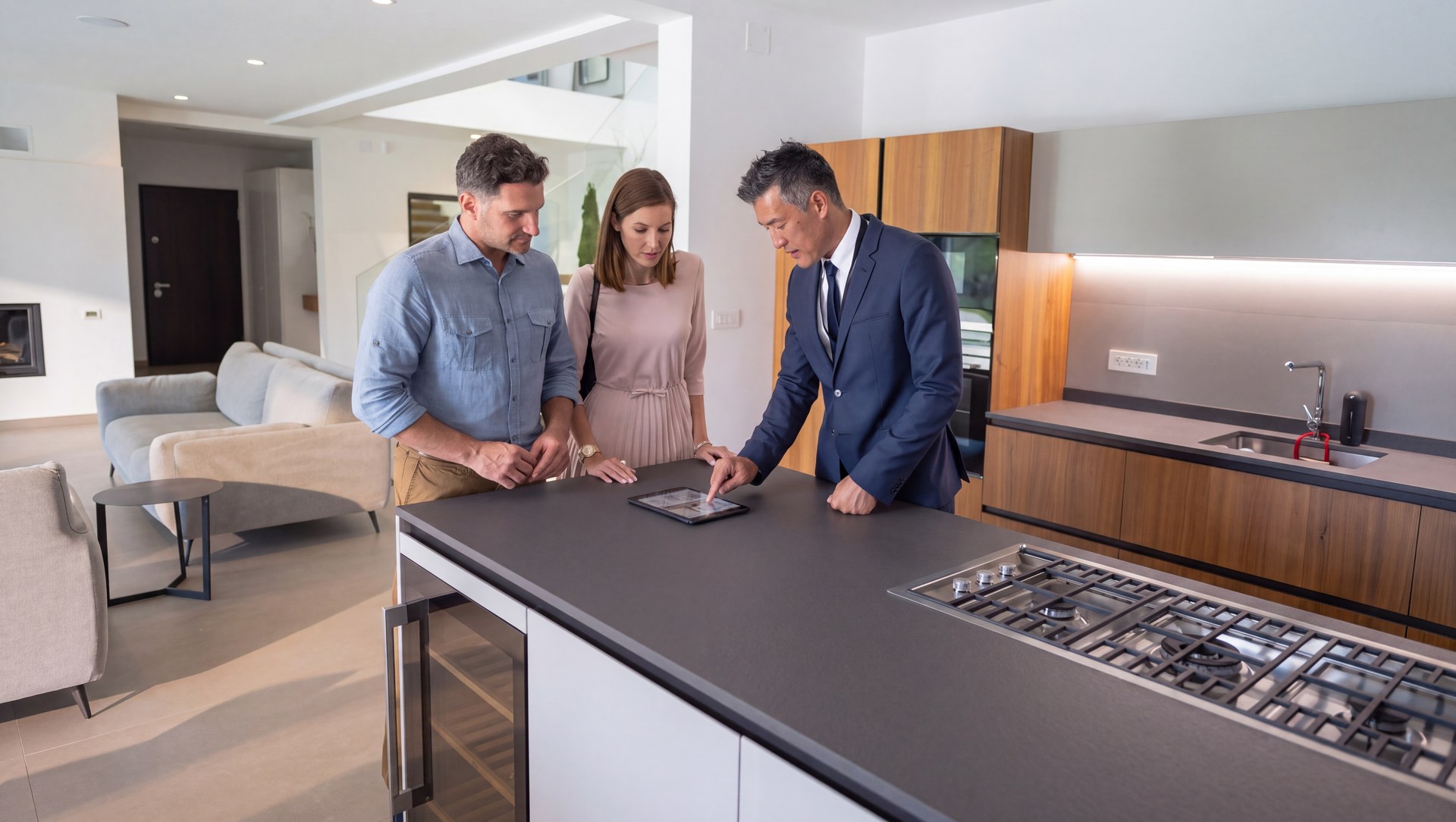 Sales representative showing a tablet to a couple in a modern kitchen