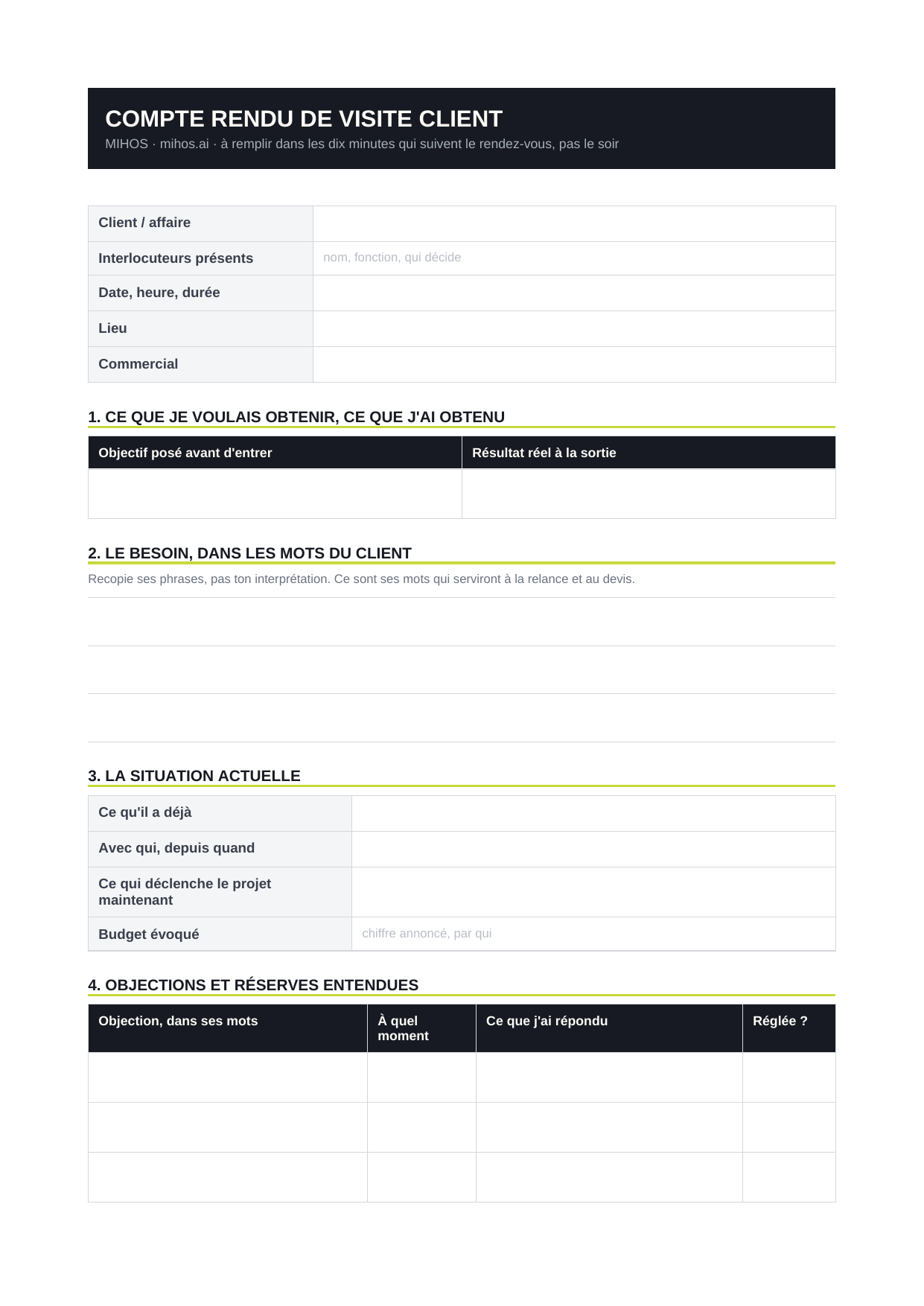 The MIHOS customer visit report template, showing the objection table and the commitments section