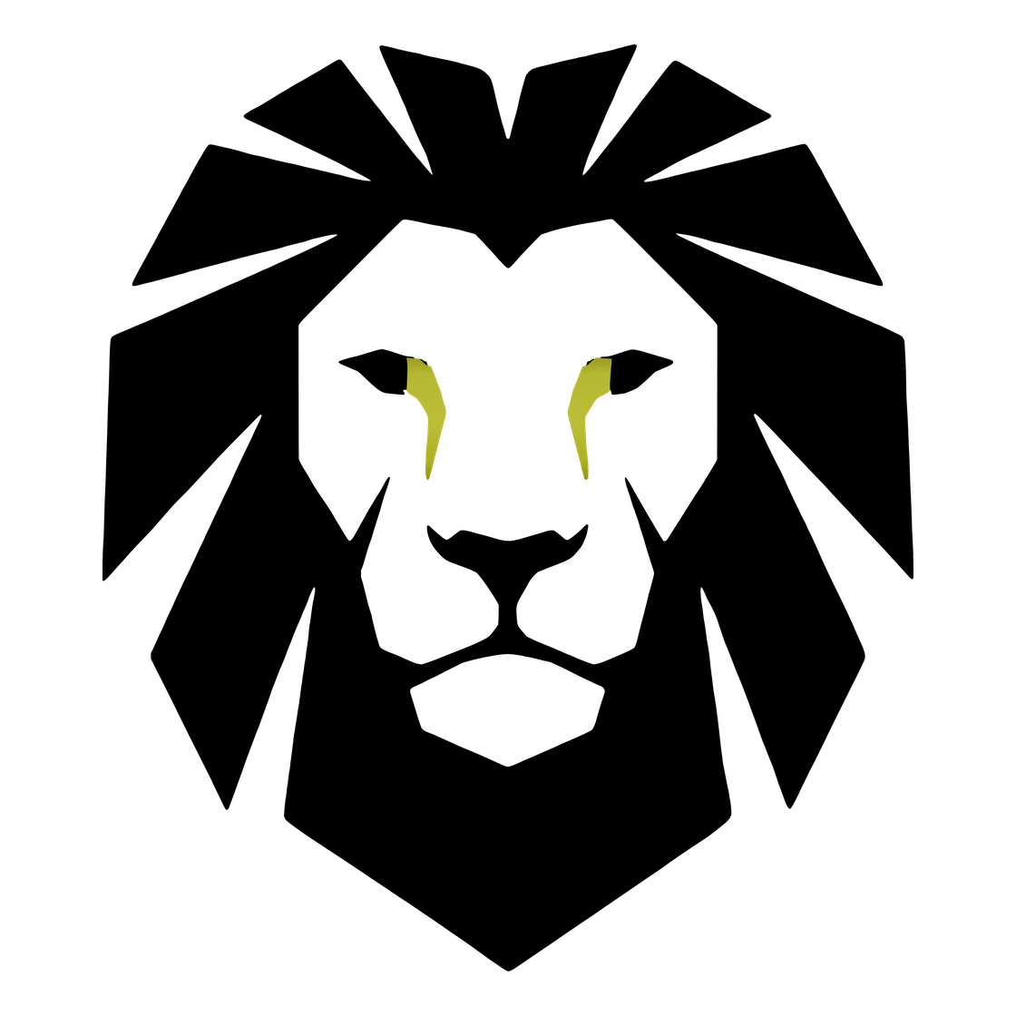 Stylized black lion head graphic with sharp angular mane on a dark background.