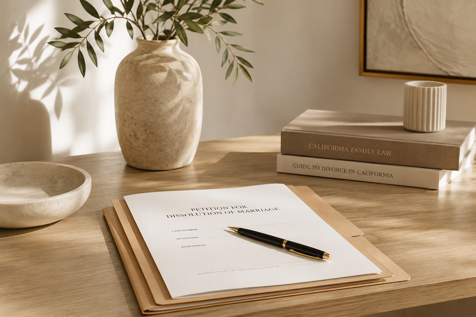 Signed Petition for Dissolution of Marriage document and pen on a desk, representing California divorce and legal separation