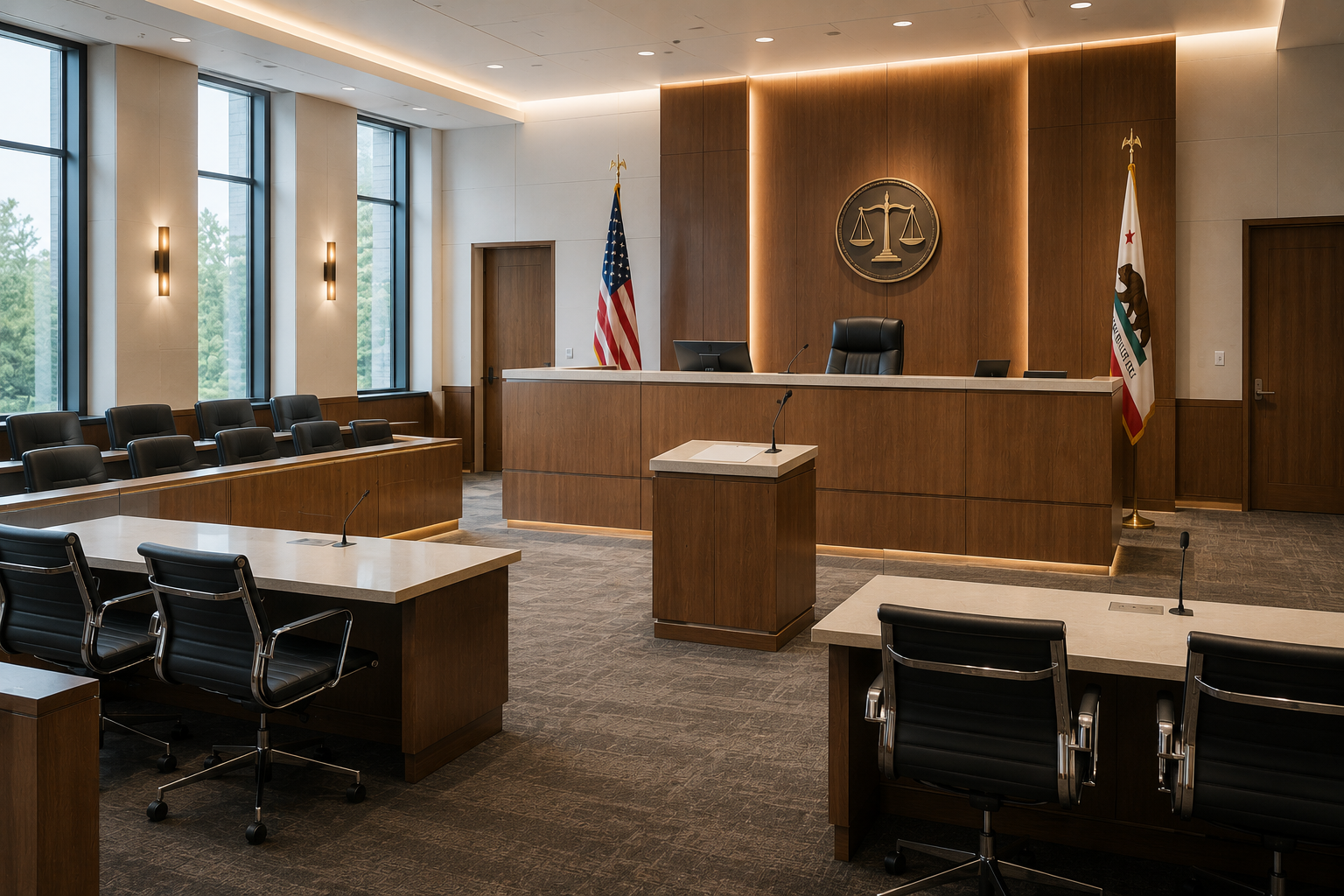 Empty courtroom with judge's bench and flags, representing domestic violence restraining order hearings